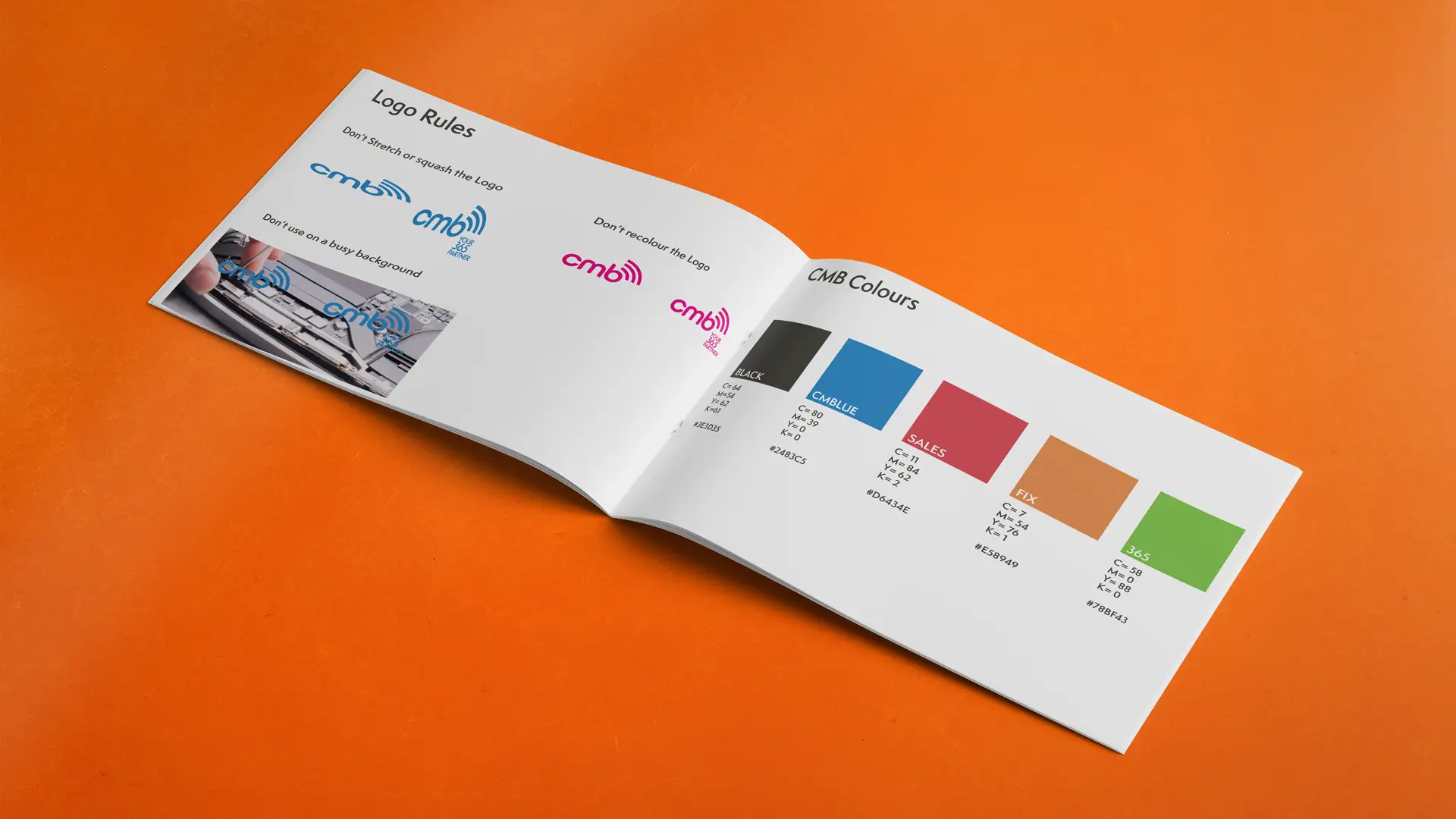 CMB Computers Brand Guidelines page spread featuring brand colours and logo usage