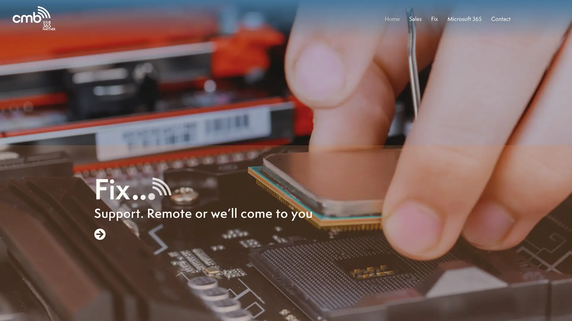 CMB Computers homepage repair slide featuring a hand plugging in a CPU