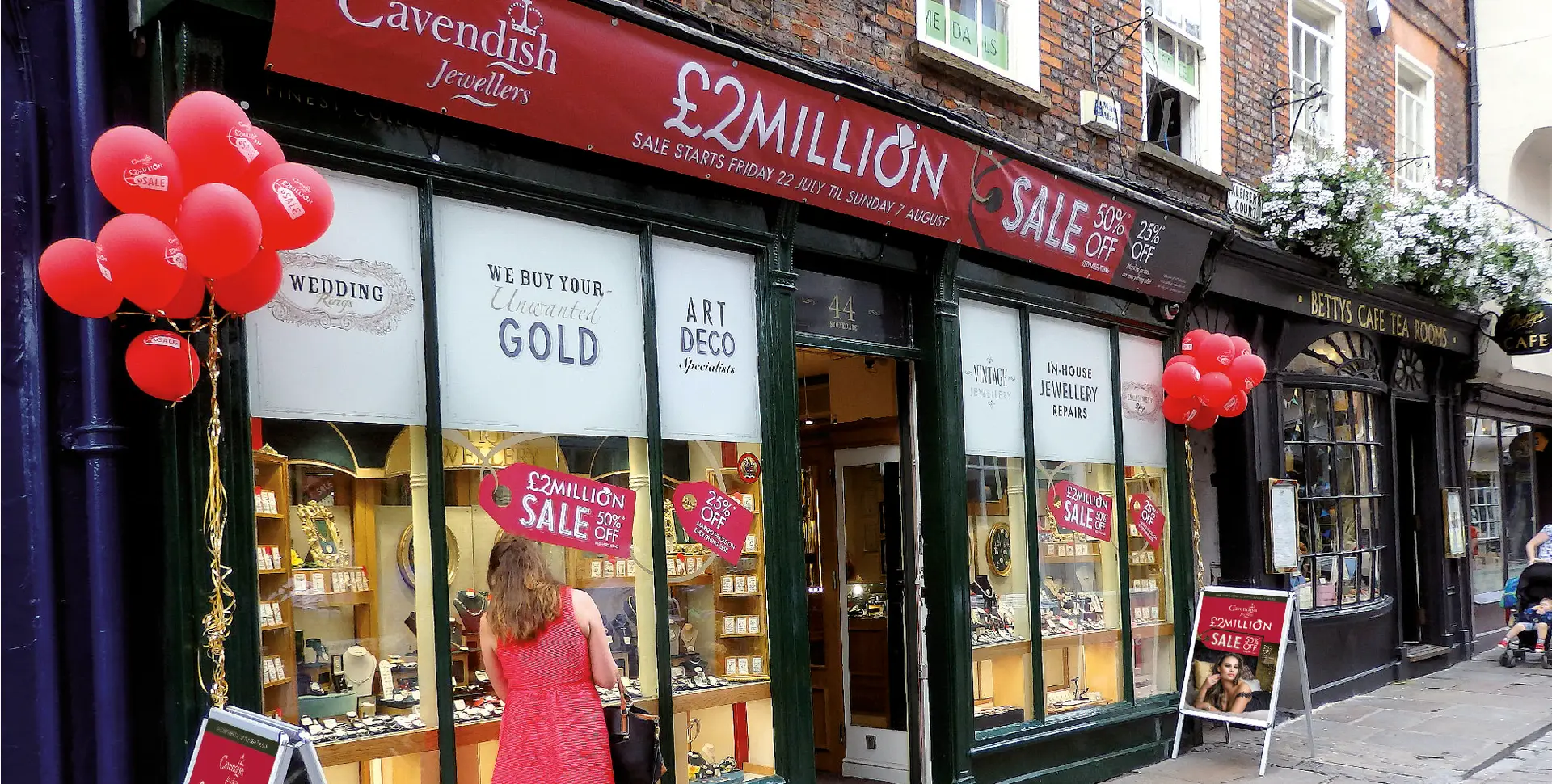 Cavendish Jewellers shop fascia with promotional sale window stickers