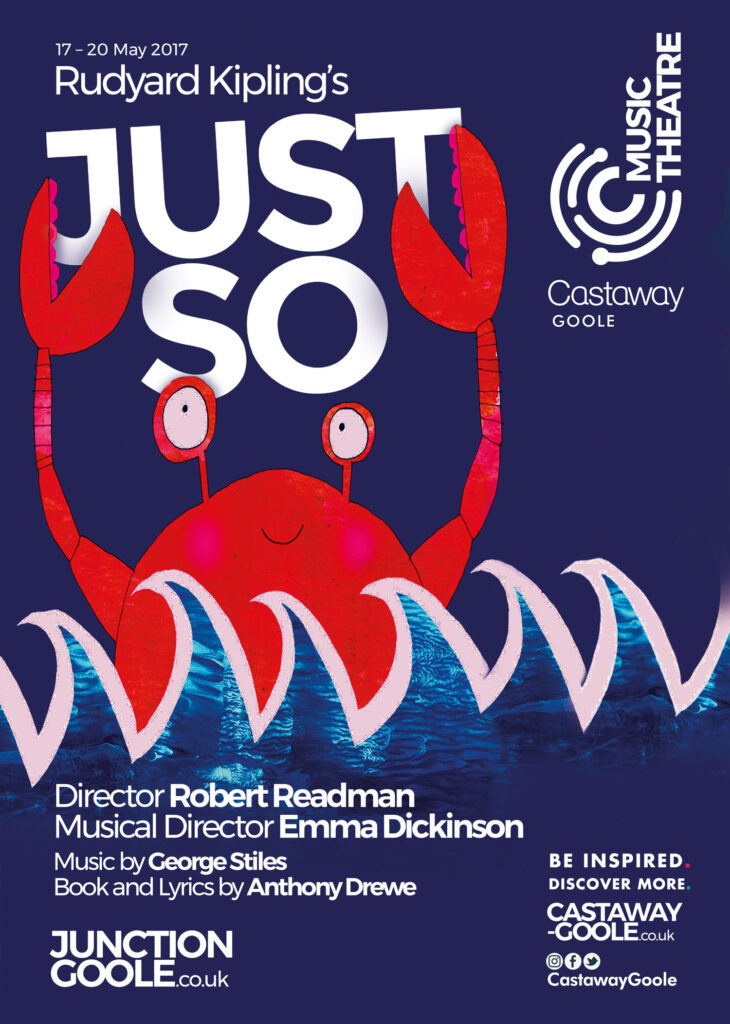 Castaway Goole Just So poster featuring a hand drawn illustration of a crab surrounded by waves