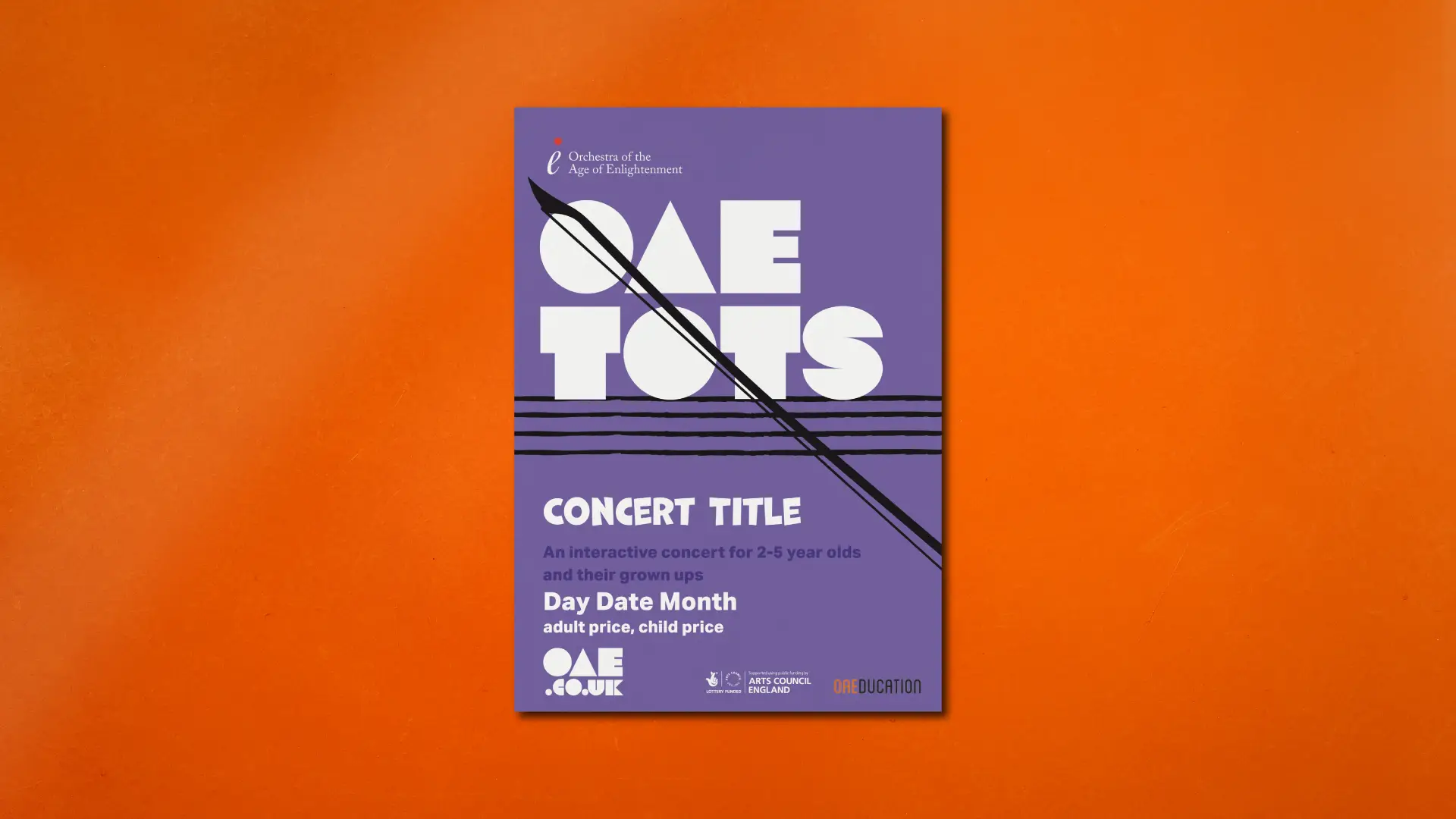OAE Tots Poster design in purple on an orange background