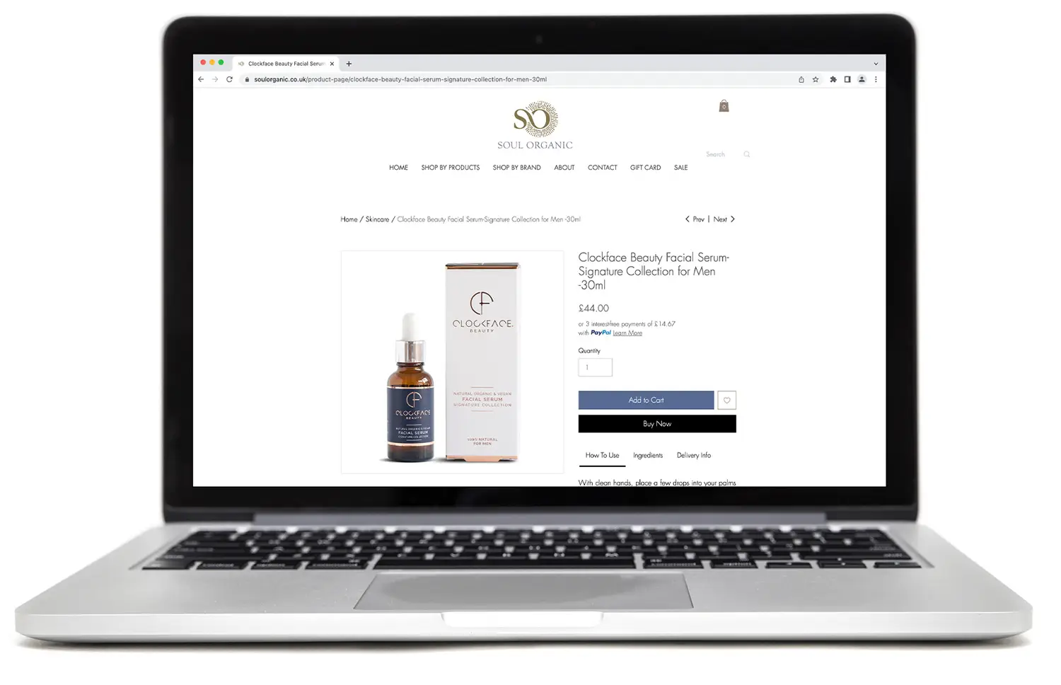 Soul Organic website design displayed on a laptop