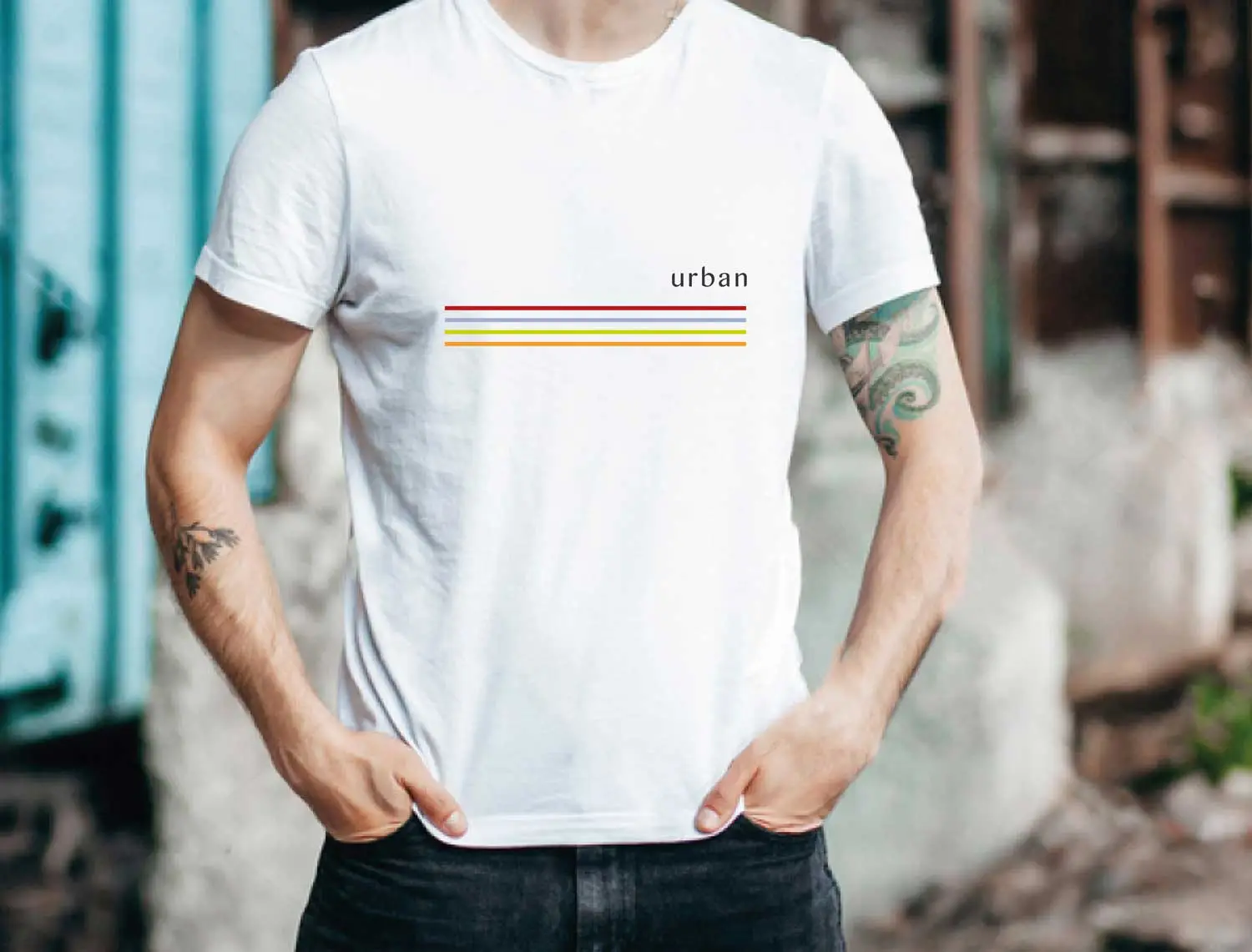 URBAN T-Shirt Design in white featuring coloured stripes
