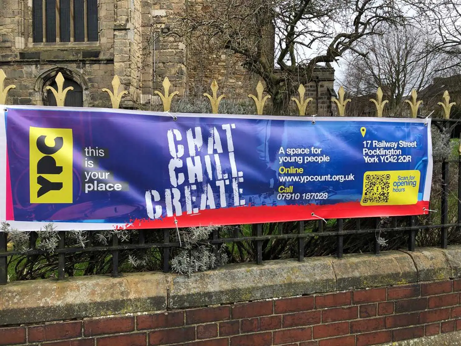A Cool, bold YPC Vinyl banner design - with the slogan "Chat, Chill, Create" in a rough graffiti style
