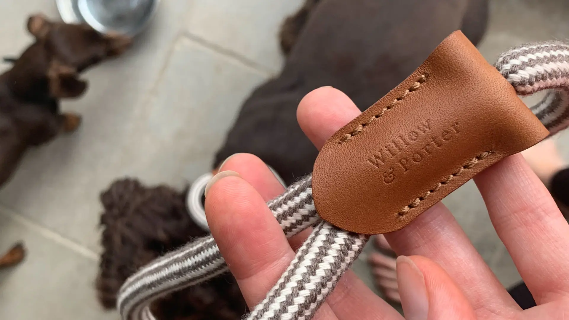 Willow & Porter Logo embossed onto a leather dog lead tag