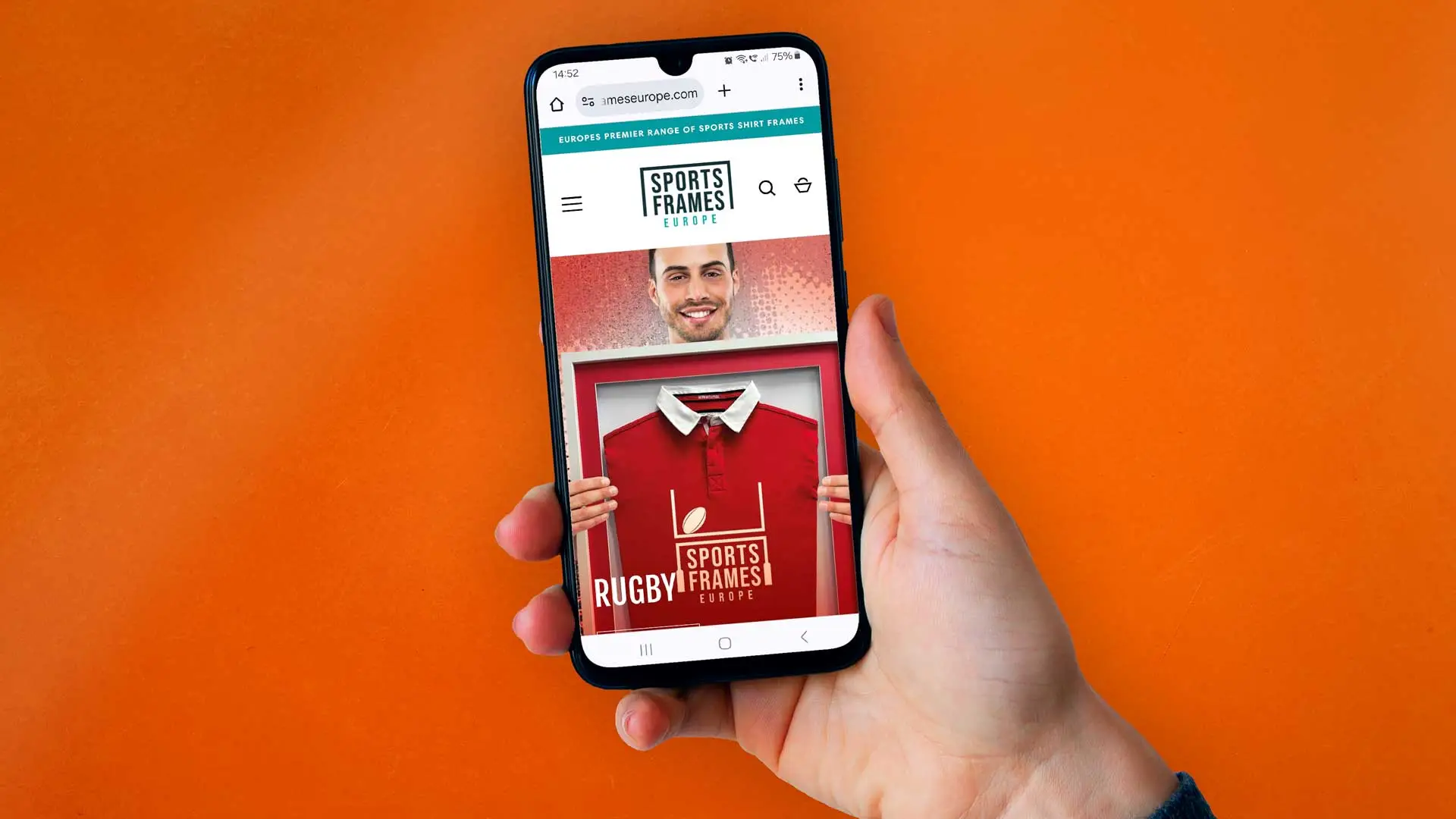 Sports Frames Europe Website displayed on a mobile phone