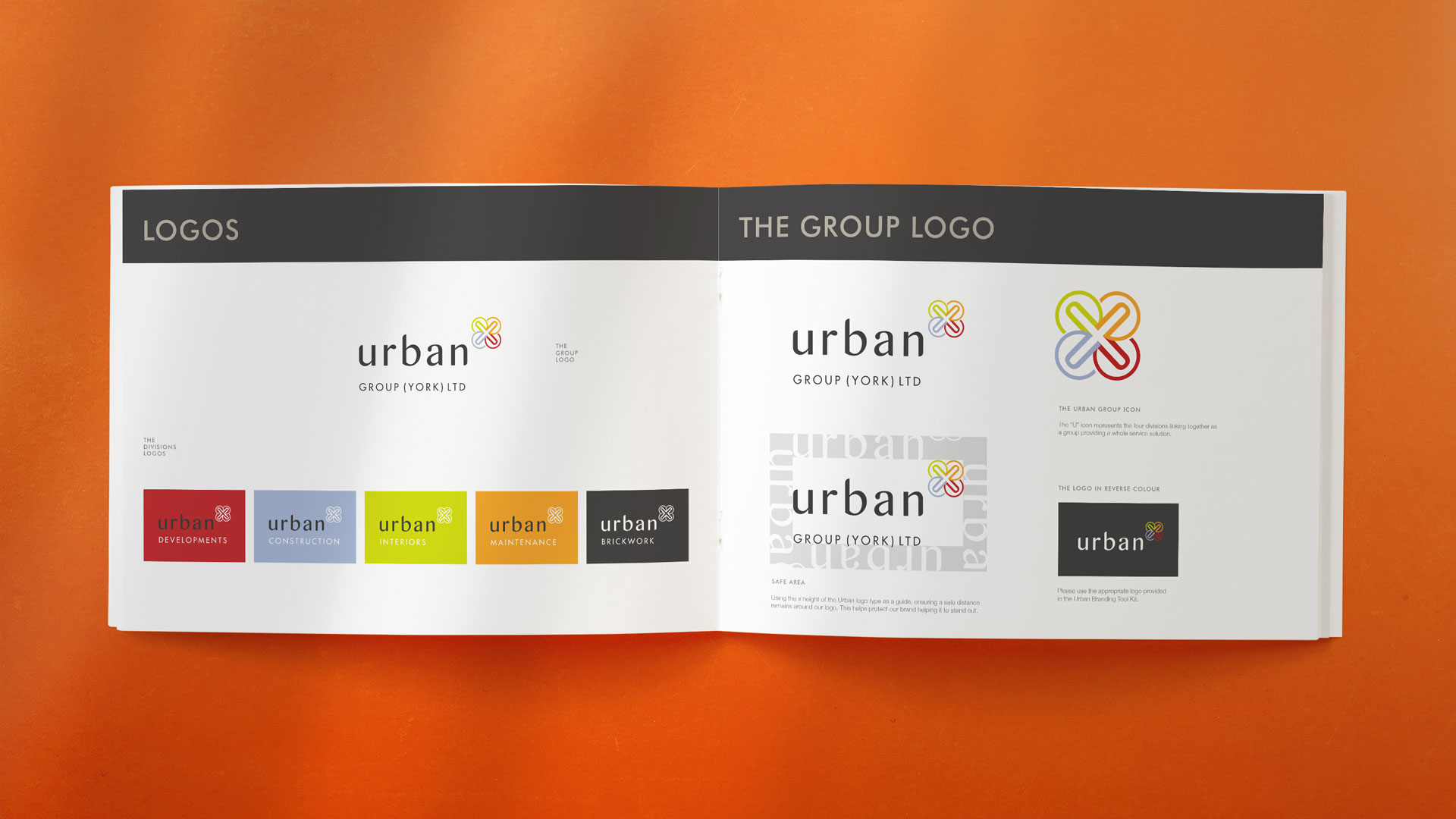 Urban Group design guide page spread featuring logo usage and the sub-brands: Urban Construction, Urban Maintenance, Urban Interiors, Urban Developments, and Urban Brickwork